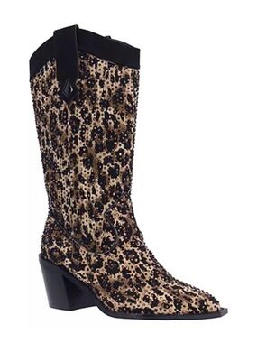 J.Renee Leopard-Print Studded Western Boots in Black and Tan